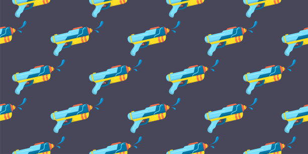 矢量塑料儿童玩具水枪在蓝色背景无缝图案。儿童壁纸打印。纺织、织物、包装。宋干节横幅。图片下载