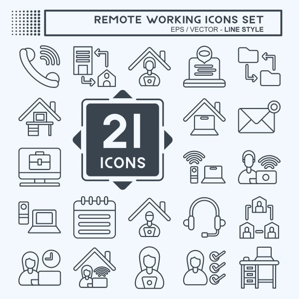 图标设置远程工作。与技术有关的符号。行风格。简单的设计说明图片下载
