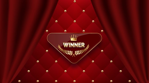 获胜者金色标志与蛇纹石红色室内装饰皮革纹理背景与珠子。矢量豪华金字与丝带插图图片下载