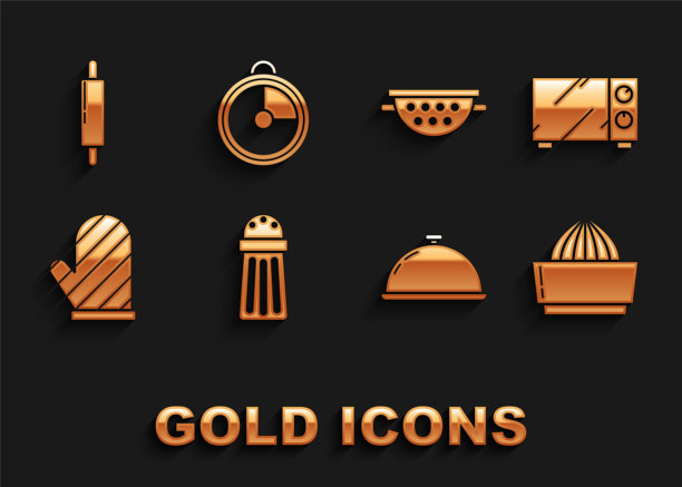 设置盐，微波炉，柑橘榨汁机，覆盖着食物托盘，烤箱手套，厨房滤锅，擀面杖和计时器图标。向量图片下载