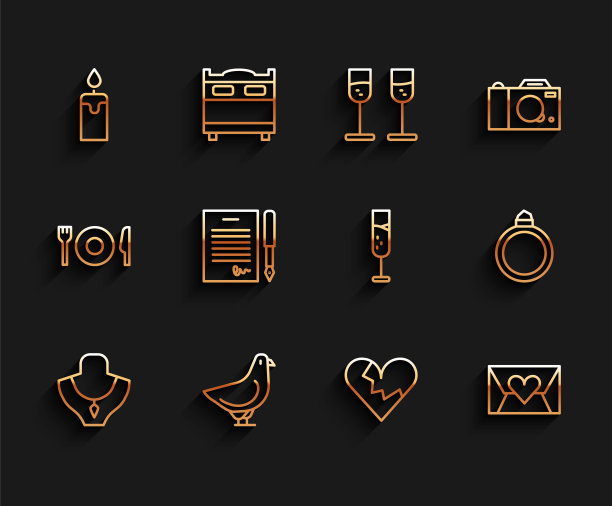 套线项链对人体模型，鸽子，燃烧的蜡烛，破碎的心或离婚，信封与情人节，婚姻合同，钻石订婚戒指和香槟图标的玻璃杯。向量图片下载