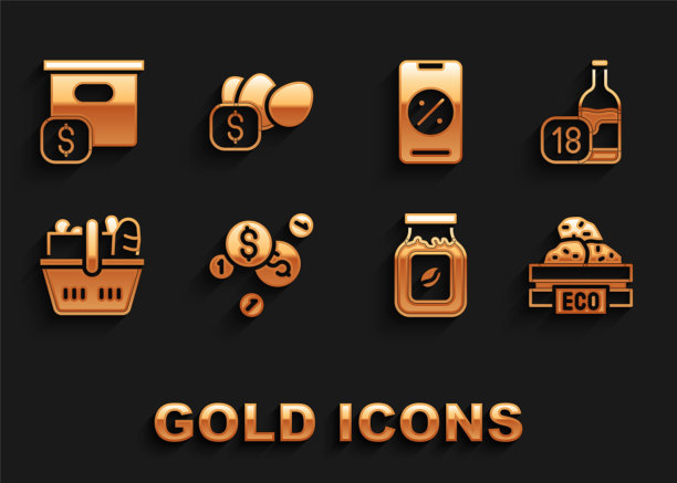 集硬币钱与美元，酒瓶，木盒水果，咖啡罐，购物篮和食品，百分之百的折扣移动，纸箱纸板价格和价格标签鸡蛋图标。向量图片下载