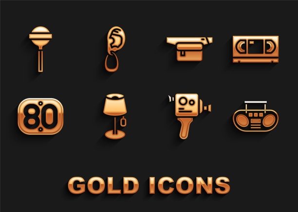 集落地灯，VHS录像带磁带，家庭立体声与两个扬声器，复古电影摄影机，80年代，腰袋的香蕉，棒棒糖和耳环图标。向量图片下载