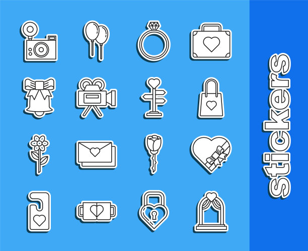 婚礼拱门，糖果心形盒子和蝴蝶结，购物袋，钻石订婚戒指，电影相机，铃声，照片和路标图标。向量图片下载