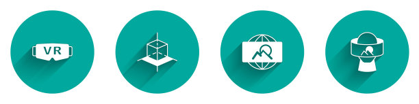 设置虚拟现实眼镜，3d建模，广角图片和长阴影图标。向量图片下载