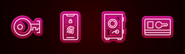 设置线路键，手机指纹扫描，保险箱和卡片。发光的霓虹灯图标。向量图片下载
