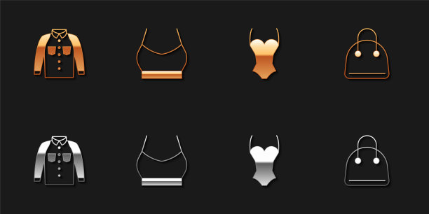 套装衬衫，女性露脐上衣，泳装和手袋图标。向量图片下载