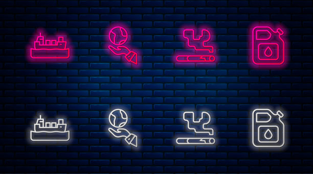 业务范围:手持地球仪，香烟，油船和汽油罐。砖墙上发光的霓虹灯图标。向量图片下载