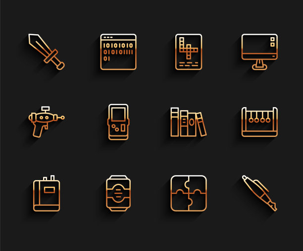 集线书，能量饮料，剑为游戏，一块拼图，钢笔笔尖，俄罗斯方块，钟摆和图标。向量图片下载