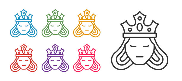 设置线公主或女王戴着她的皇冠图标孤立的白色背景。中世纪的夫人。设置图标彩色。向量图片下载