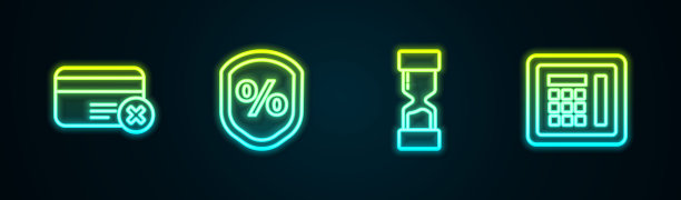 设置信用卡删除，贷款百分比，旧沙漏和安全。发光的霓虹灯图标。向量图片下载