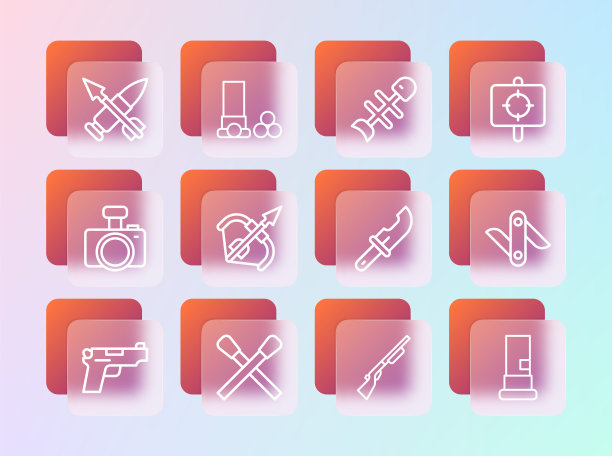 设定线目标运动，燃烧火柴与火，猎人刀，猎枪，中世纪弓和箭，死鱼，交叉子弹和子弹图标。向量图片下载