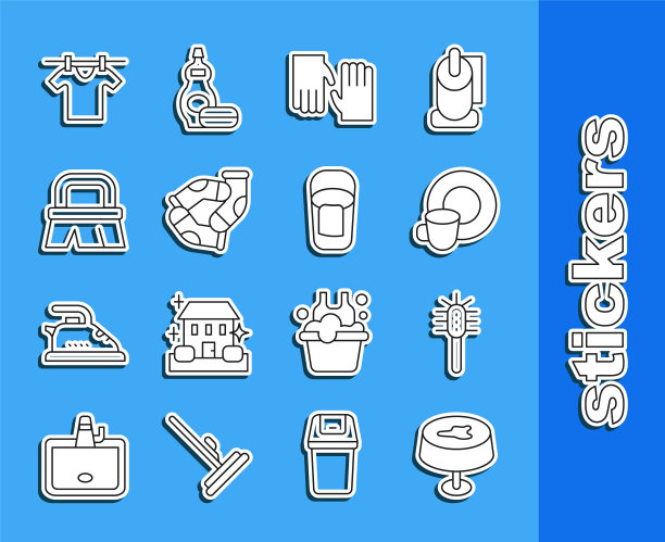 在桌布，马桶刷，洗碗，橡胶手套，袜子，清洁刷，烘干衣服和桶上设置污渍。向量图片下载