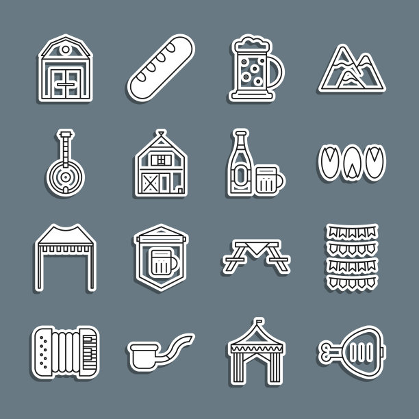 设线鸡腿，嘉年华花环与旗帜，开心果，木制啤酒杯，农舍，班卓琴，和啤酒瓶玻璃图标。向量图片下载