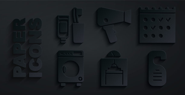 设置电梯、酒店预订日历、洗衣机、请勿打扰、吹风机、牙刷和牙膏图标。向量图片下载