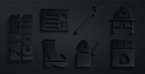 设置打火机，消防员头盔，靴子，火柴盒和火柴，金属杆子和消防站图标的建筑。向量图片下载