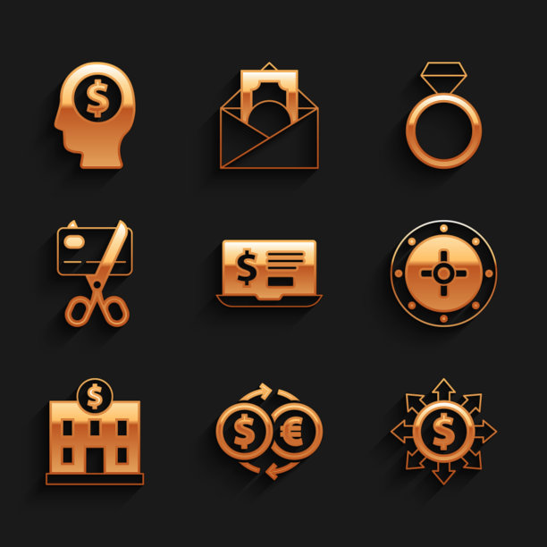 集笔记本电脑与美元，货币兑换，美元，分享，网络，安全，银行大楼，剪刀剪信用卡，钻石订婚戒指和商人规划头脑图标。向量图片下载