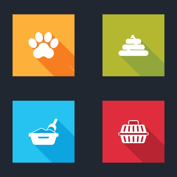 设置爪印，屎，猫砂托盘铲和宠物手提箱图标。向量图片下载