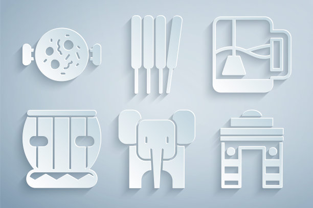 集大象，茶与茶包，乐器手鼓，印度门在德里，香棒，香和鸡tikka masala图标。向量图片下载