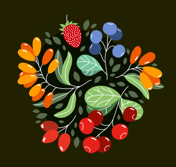 野生浆果新鲜和成熟的美味健康食品矢量平面风格插图在黑暗的背景下，美味的植被饮食吃，有机食品。图片下载