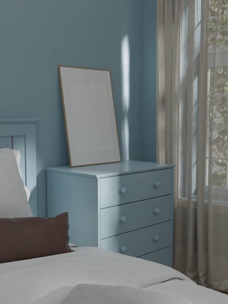 框架模型，室内框架，海报木框架元素和橱柜，空图中天蓝色卧室室内插图3d渲染。图片下载