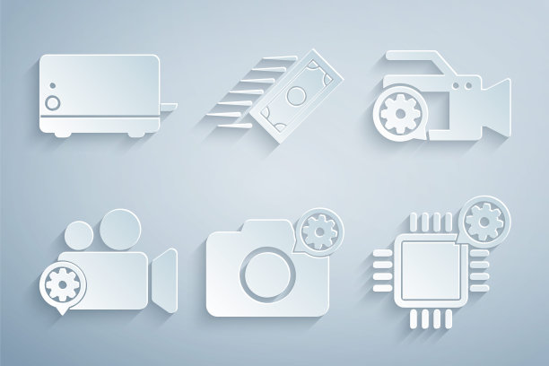 设置照片相机设置，视频，处理器，快速付款和烤面包机图标。向量图片下载