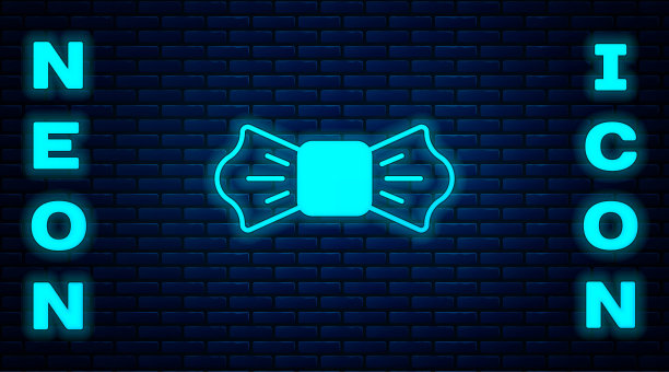 发光的霓虹领结图标孤立的砖墙背景。向量图片下载