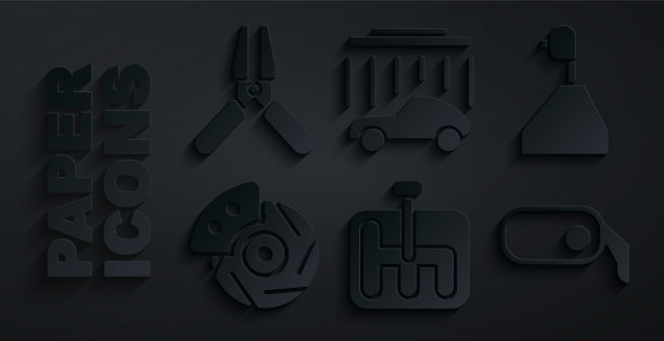 设置变速杆，汽车制动盘卡钳，后视镜，洗涤和电池跳线电源线图标。向量图片下载