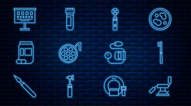 产品系列:医用牙科椅，牙刷，电动牙刷，手术灯，药瓶和药片，验眼图，血压和带有血液图标的试管。向量图片下载