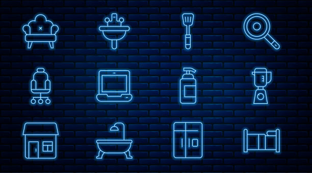 设置线床，搅拌机，抹刀，笔记本电脑，办公椅，沙发，抗菌肥皂和脸盆图标。向量图片下载