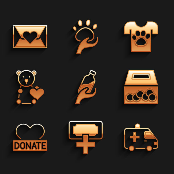 集捐赠水，慈善，救护车车，捐赠儿童玩具，动物志愿者和信封与心脏图标。向量图片下载