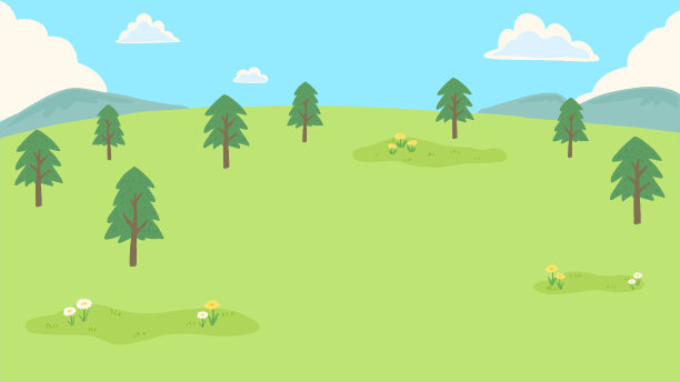 蓝天热气球，清新草原，山水背景框，简单手绘插画图片下载