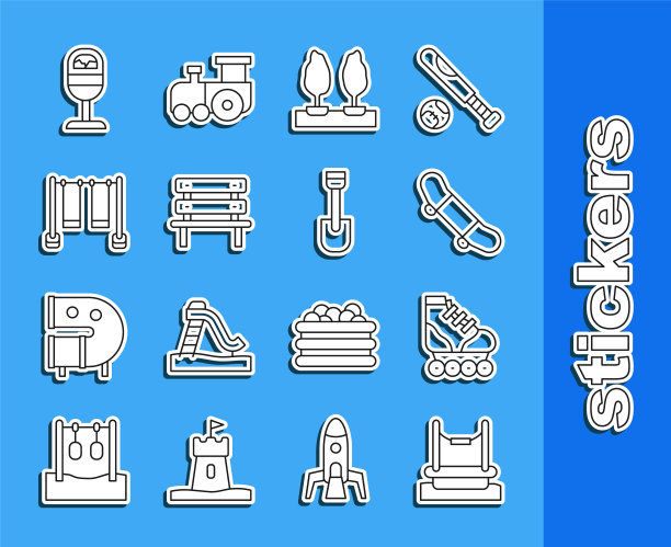 设置线蹦极，轮滑，滑板技巧，森林，长凳，双秋千，垃圾桶和铲子玩具图标。向量图片下载