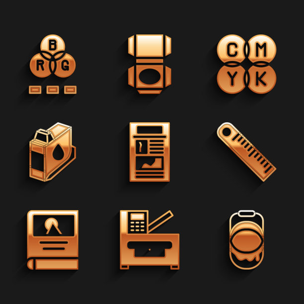 集新闻，复印机，油漆桶，尺子，相册画廊，打印机墨盒，CMYK混色和RGB图标。向量图片下载