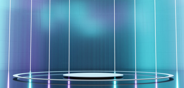 圆形讲台，弧形舞台，激光束，霓虹色彩，3D插画图片下载