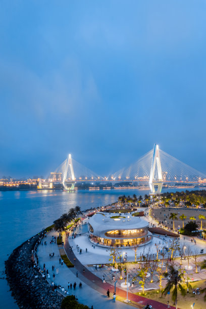 海口市云东图书馆和世纪桥夜景航拍图图片下载