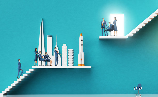 业务团队向投资者介绍一个新的创业想法。火箭是启动的象征。有楼梯和开放式门的商业环境理念。三维渲染图片下载