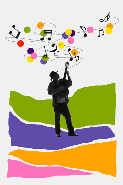 老人的剪影，音乐家弹吉他在白色的背景与抽象的彩色元素。当代艺术拼贴。图片下载