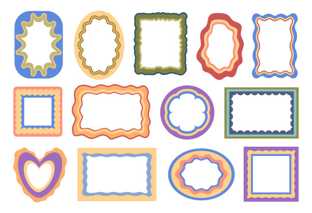涂鸦彩色框架与波浪边界和装饰元素。矢量孤立的正方形形状和圆形，椭圆形和矩形。图片或相册设计的空白模板图片下载