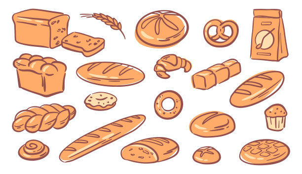 面包，羊角包和小圆面包，单独的新鲜出炉的食物。矢量吐司片和椒盐卷饼，松饼和纸杯蛋糕，美味的甜产品，土耳其simit和法棍分类图片下载