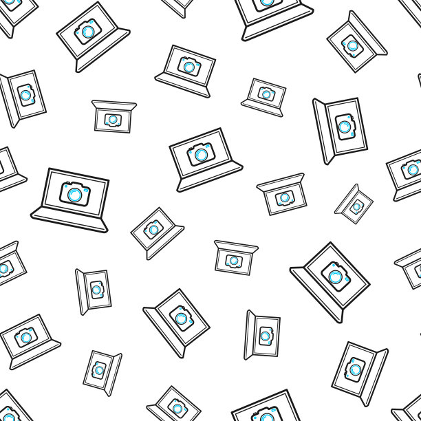 带摄像头的笔记本电脑。无缝模式。白色背景上的线条图标图片下载