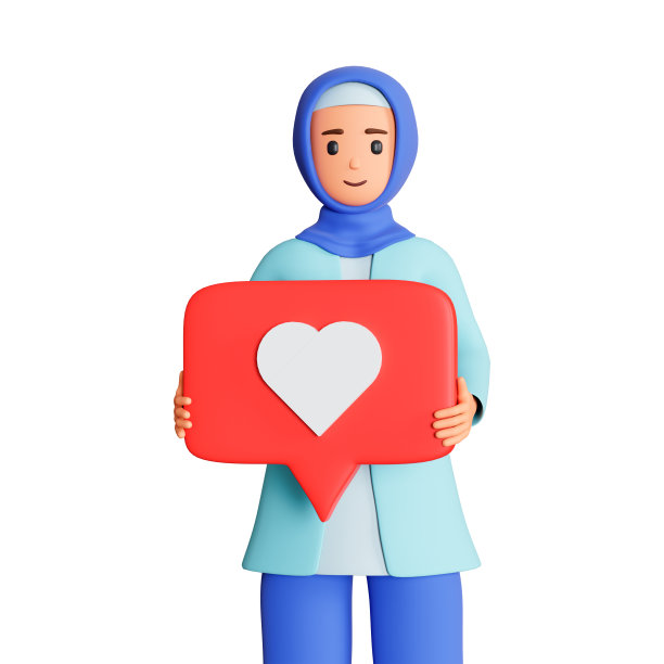 戴头巾的穆斯林妇女手持带有心脏图标的演讲泡泡。社交媒体概念与穆斯林女孩拿着喜欢的按钮标志在语音气泡3d插图图片下载