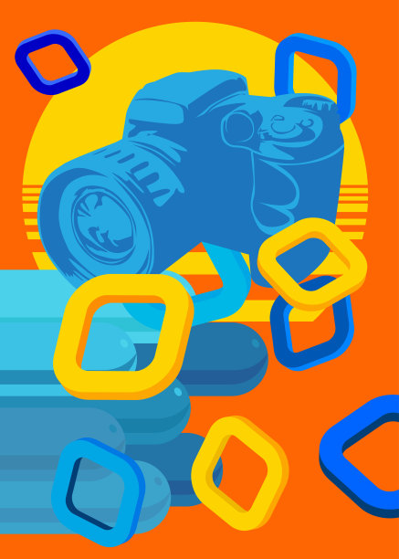 蓝色和黄色相机，摄影器材与几何图形复古主题背景。最小几何元素。复古抽象形状矢量插图。图片下载