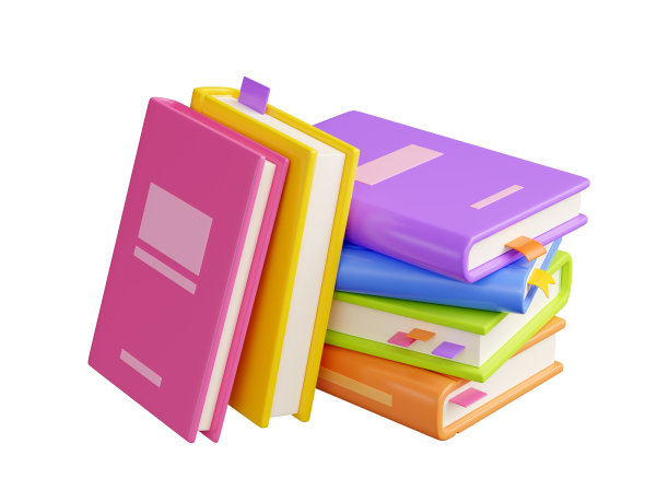 一堆有硬皮和书签的纸质书躺在那里。3D渲染图图片下载