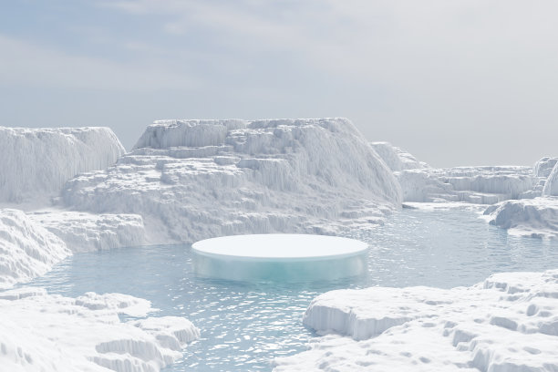 摘要3d渲染冬季场景和自然背景，冰讲台在水面和雪地上，背景雪山反映水面，用于产品展台展示，广告，模型等图片下载