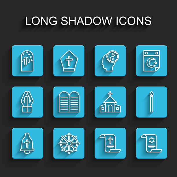 设置线教堂钟，法轮，复活节蛋糕，法令，纸，羊皮纸，卷轴，托拉，诫命，燃烧的蜡烛和建筑图标。向量图片下载