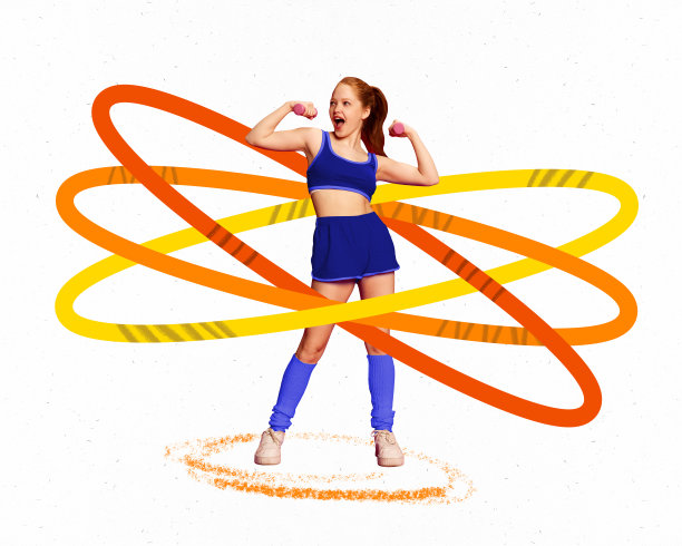 创意概念拼贴。年轻的女孩在运动服训练与哑铃在白色的背景与彩色抽象元素。图片下载