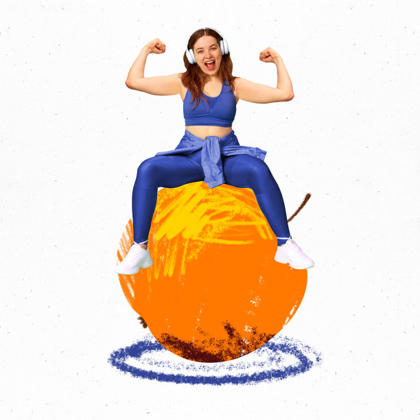 戴着耳机的年轻女子坐在苹果上，露出肌肉，在白色背景下训练。创意概念拼贴。图片下载