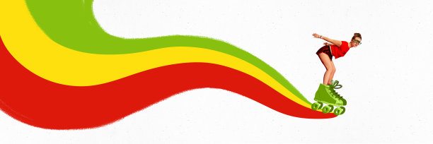 夏天，年轻苗条的女孩在户外训练，在五颜六色的抽象元素上滑着滑板。创意概念拼贴。图片下载