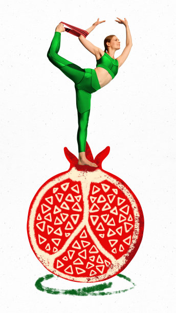 灵活的年轻女子站在石榴和训练健身带在白底。创意概念拼贴。图片下载